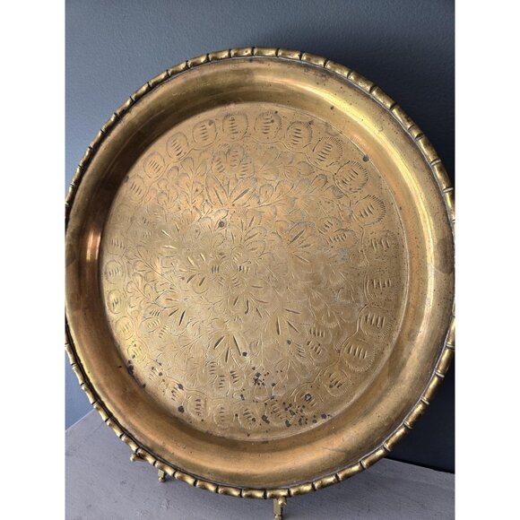 Solid Brass Etched Tray with Floral Engravings Large Shallow Decorative Platter - Picture 10 of 10